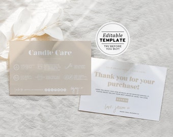 Editable Minimalist Candle Care Card Template and Thank You Card with Icons, Thank You Package Insert #053 #043 Scandi Minimalist