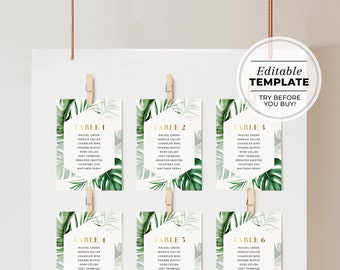 Tui Tropical Leaf & Gold Seating Chart Sign Cards | EDITABLE TEMPLATE, Printable #042