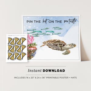 May include: Printable game for a sea turtle themed party. The game includes a poster with a sea turtle and a school of fish swimming in the ocean and a sheet of yellow and black hats to pin on the turtle. The poster is available in two sizes: 16 x 20 inches and 24 x 36 inches.