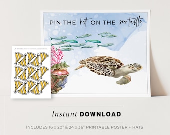 Pin the Party Hat on the Sea Turtle Kids Party Game Printable Poster, Birthday Party Game, INSTANT DOWNLOAD