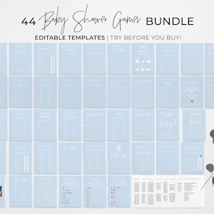 44 Printable Baby Shower Games, Baby Shower Game Bundle, Printable Baby Party Games | EDITABLE TEMPLATE #036 Powder Blue