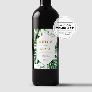 Tui Tropical Leaf & Gold Wedding Wine Label Template, Wedding Favor, Custom Wine Label, Personalized Wine Label, Champagne Gift Label  #042