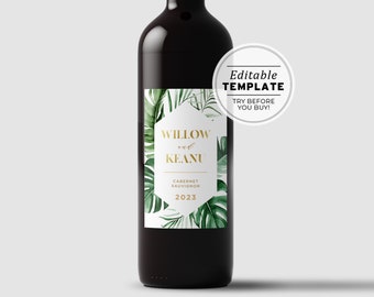 Tui Tropical Leaf & Gold Wedding Wine Label Template, Wedding Favor, Custom Wine Label, Personalized Wine Label, Champagne Gift Label  #042