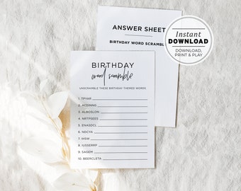 Birthday Word Scramble Party Game | INSTANT DOWNLOAD #004 Juliette Minimalist