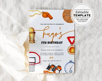 Minimalist Basketball Theme Birthday Party Invite Template | EDITABLE TEMPLATE #067