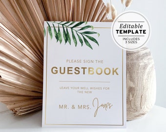 Kala Tropical Palm Leaves & Gold Wedding Guestbook Sign, Editable Template, Printable #006