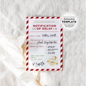 Può includere: Un biglietto di notifica stampabile a strisce rosse e bianche con il testo "Elf Mail from the North Pole" e "Notification of Delay". Il biglietto include una sezione per il nome del bambino, la descrizione del regalo e il motivo del ritardo. Il biglietto include anche una nuova data di consegna e una firma di Babbo Natale.