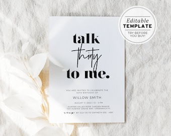 Talk Thirty To Me Minimalist 30th Birthday Party Invitation Printable Card | EDITABLE TEMPLATE #001