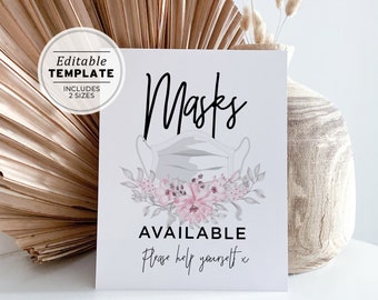 Masks Available Minimalist Blush Floral COVID-19 Safety Sign Printable | EDITABLE TEMPLATE #004