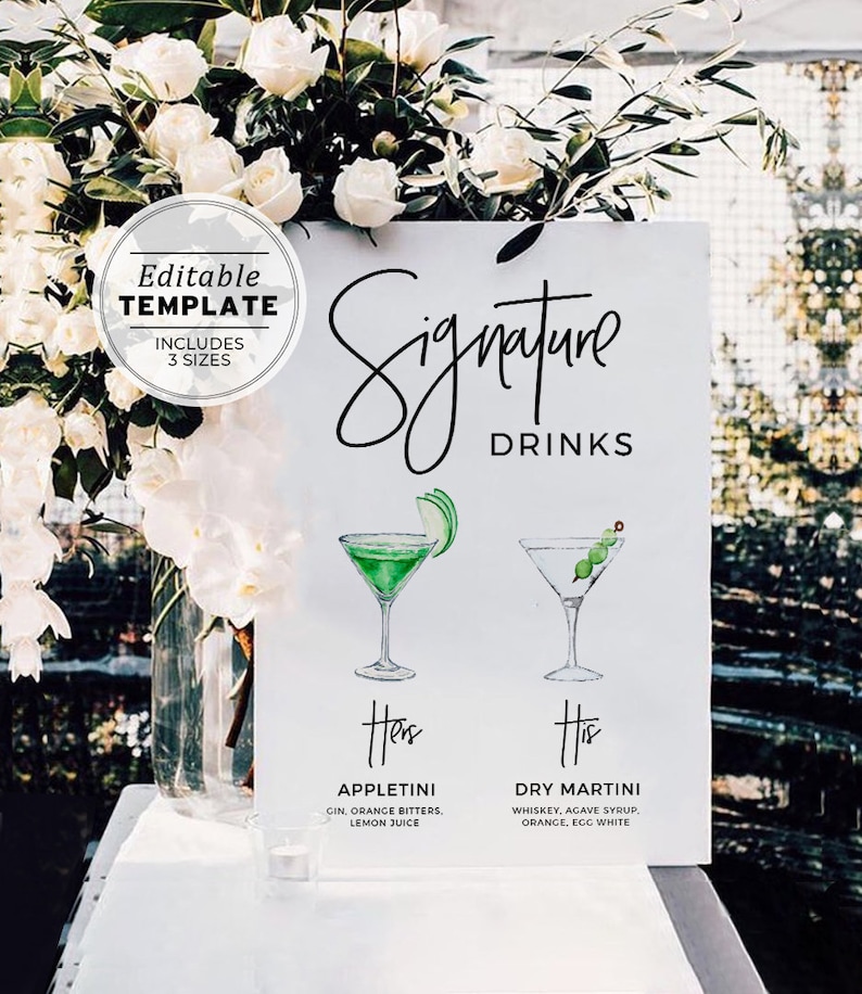 Signature Drinks Sign, Watercolor Signature Cocktail Menu, 120 ...