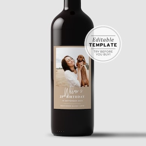 Nue Minimalist 21st Birthday Party Custom Wine Label, Personalized Wine Label, Photo Wine Label Template, Printable Wine Label #038