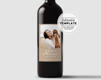 Nue Minimalist 21st Birthday Party Custom Wine Label, Personalized Wine Label, Photo Wine Label Template, Printable Wine Label #038