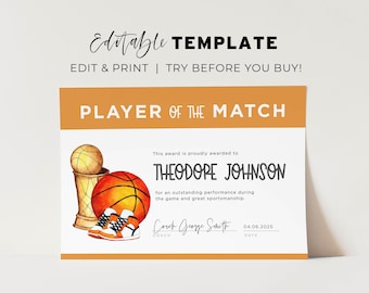 Player of the Match Basketball Award, Player of the Week Award, Kids Basketball Certificate | EDITABLE TEMPLATE #067