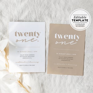 Twenty One Minimalistische 21. Geburtstag Party Einladungskarte druckbare Karte | EDITIERBARE VORLAGE #059
