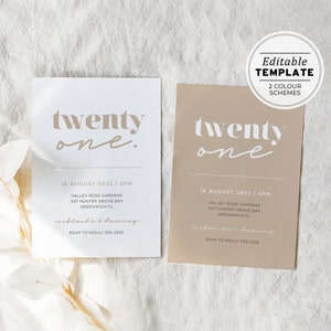 Twenty One Minimalist 21st Birthday Party Invitation Printable Card | EDITABLE TEMPLATE #059