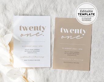 Twenty One Minimalist 21st Birthday Party Invitation Printable Card | EDITABLE TEMPLATE #059