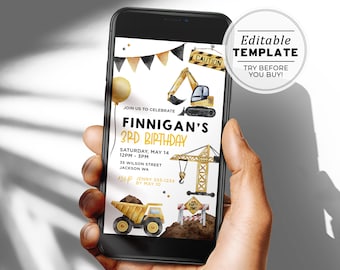Construction Birthday Invite, Builder E-Invite, Text Message Invitation, Email, Digital Invitation, Printable Editable Template #109 Benson