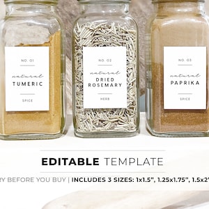 Spice Jar Label Template - 3 Sizes Minimalist Pantry Printable | EDITABLE TEMPLATE #004 #089