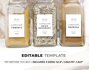 Spice Jar Label Template - 3 Sizes Minimalist Pantry Printable | EDITABLE TEMPLATE #004 #089