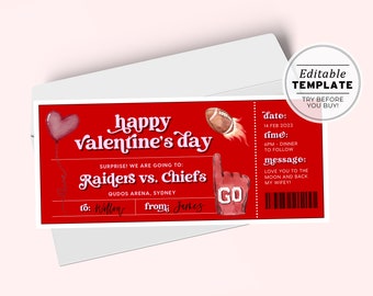 Printable Valentine's Day Gift Ticket Template, Football Football Ticket Gift, Valentines Day Coupon | EDITABLE TEMPLATE #082