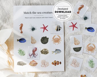 Match the Sea Creature Toddler Activity Printable, Montessori Educational Game, Birthday Party Game, INSTANT DOWNLOAD