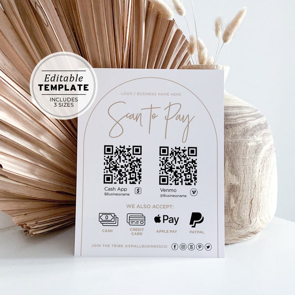 Payment Sign Template, Scan to Pay Sign, Scan to Pay Template, Cash App Sign, Printable Template #052 #043 Nue Minimalist