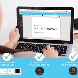 Może przedstawiać: Ekran laptopa pokazujący szablon zaproszenia ślubnego z tekstem "WELCOME TO THE WEDDING OF WILLOW and ROMAN". Ekran pokazuje opcje edycji czcionki, dodawania grafiki i zdjęć oraz zmiany koloru tła.