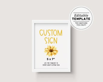 Minimalist Sunflower Customizable Sign, Printable Modern Custom Sign, Editable Custom Template, Design Your Own Sunflower Sign 5x7" #081