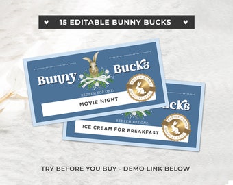 Printable Easter Bunny Coupons, Bunny Bucks, Easter Basket Fillers, Easter Egg Fillers, Personalized Easter Basket | EDITABLE TEMPLATE #099