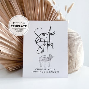 Juliette Minimalist Sundae Station Sign, Ice Cream Bar, Choose your toppings |  EDITABLE TEMPLATE, Printable #004