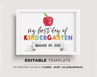 Erster Tag des Kindergartens 2021-2022, Erster Tag der Schule druckbar, Erster Tag Bild, Erster Tag Foto Prop Kreidetafel Zeichen Schule printable