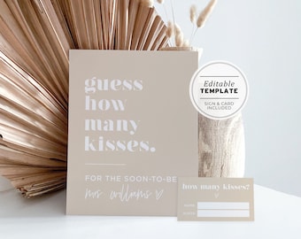 Scandi Minimalist How Many Kisses Game Sign and Card, Printable Bridal Shower Game | EDITABLE TEMPLATE #047