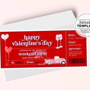 Modèle de cadeau de billet imprimable pour la Saint-Valentin, bon cadeau surprise pour le week-end, coupon pour la Saint-Valentin | MODÈLE MODIFIABLE #082