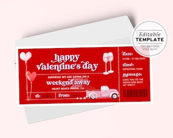 Printable Valentine's Day Ticket Gift Template, Surprise Weekend Away Gift Voucher, Valentines Day Coupon | EDITABLE TEMPLATE #082