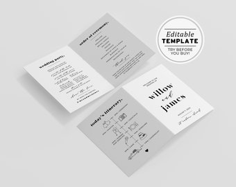 Mr White Minimalist Wedding Program Template, Modern Order of Service, Wedding Timeline, Printable Ceremony Program, Folded Program #001