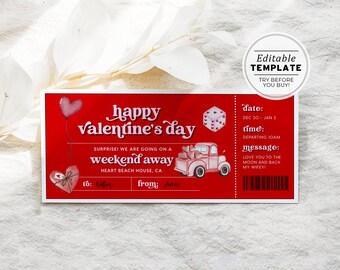 Printable Valentine's Day Ticket Gift Template, Surprise Weekend Away Gift Certificate | EDITABLE TEMPLATE #082