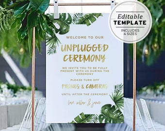 Leilani Tropical Leaf and Gold Unplugged Wedding Ceremony Sign | PRINTABLE EDITABLE TEMPLATE #033 #042