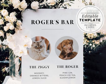Mr White Furbaby Bar and Drinks Menu Sign, Cats and Dogs Bar Menu, Bar Sign, Drinks Sign, Printable Editable Template #001