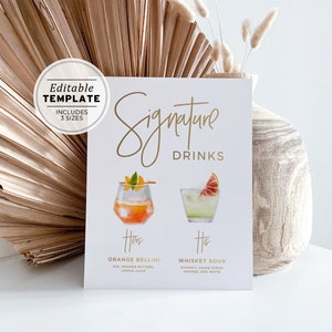 Signature Drinks Sign, Wedding Drinks Sign Template, Signature Cocktail Sign, His and Hers Drink Sign, 120 Cocktails, Editable Template #017