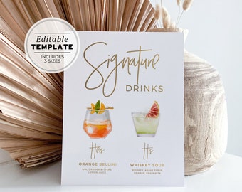 Juliette Gold Watercolor Signature Cocktails Menu Sign - 120+ Cocktails, His and Hers Drinks Sign Template | EDITABLE TEMPLATE #017