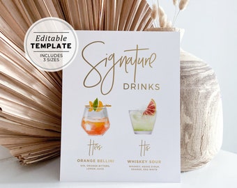 Cocktail Menu Sign Template, Gold Watercolor Signature Cocktail Menu - 120+ Cocktails, His and Hers Drinks Sign | EDITABLE PRINTABLE #017