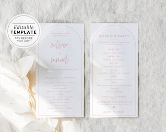 Blush Arch Minimalist Wedding Program Template, Modern Order of Service, Printable Ceremony Program, Editable Wedding Program #037