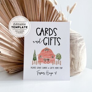 Watercolor Farm Themed Birthday Cards and Gifts Sign, Farm Gift Table Sign, Barnyard Table Decor | PRINTABLE EDITABLE TEMPLATE #078
