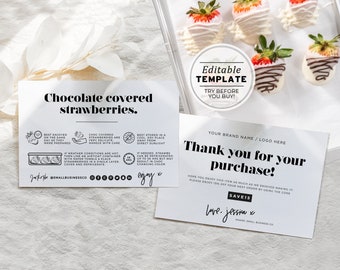 Minimalist Chocolate Covered Strawberries Card and Thank You Card, Thank You Package Insert | EDITABLE TEMPLATE #055 #043 Mr White