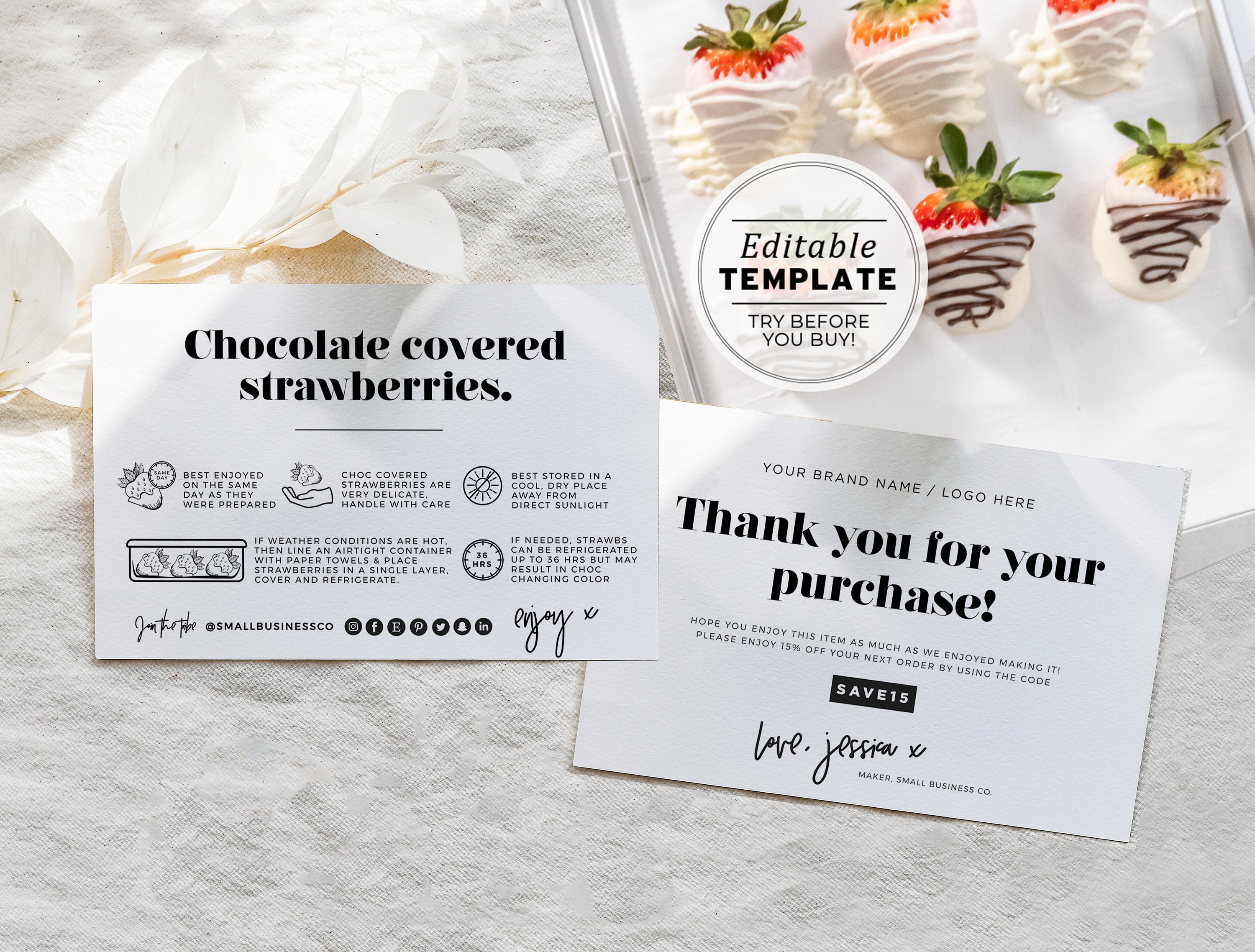 Minimalist Chocolate Covered Strawberries Card and Thank You Card
