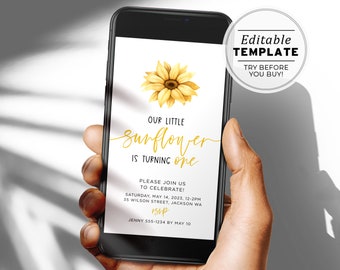 Minimalist Sunflower Kids Birthday Party Electronic Invite Template, Digital Birthday Party Invitation | EDITABLE TEMPLATE #081