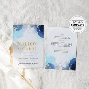 May include: A wedding invitation featuring a blue and gold watercolour background. The invitation reads "Willow and Beau" and includes the date and time of the wedding, as well as the location. The RSVP information is included on a separate card.
