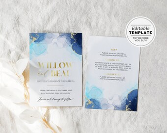 BLEU Watercolor Minimalist Wedding Invitation Printable | EDITABLE TEMPLATE #069