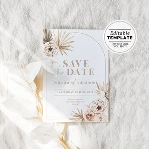 Palms & Roses Boho Wedding Save Our Date Printable Card, Printable | EDITABLE TEMPLATE #024