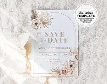 Palms & Roses Boho Wedding Save Our Date Printable Card, Printable | EDITABLE TEMPLATE #024